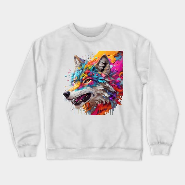 Colourful wolf head splash art Crewneck Sweatshirt by Spaceboyishere